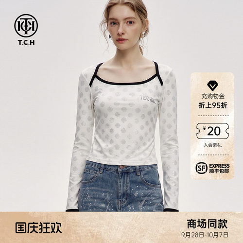 黑白撞色修身显瘦方领长袖T恤女