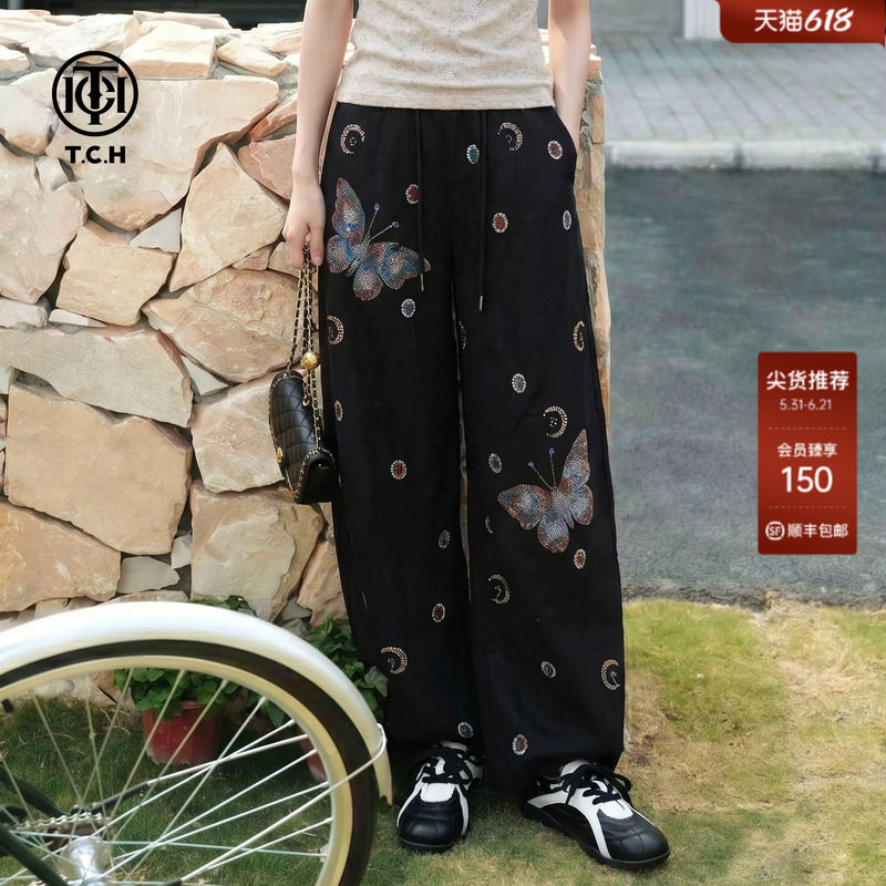 TCH私服烫钻薄款亚麻气质百搭弯刀阔腿宽松休闲长裤女T75B20E5103