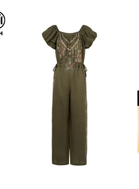 TCH烫钻亚麻泡泡袖时尚气质百搭休闲连体裤女夏季T75B20E5162