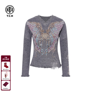 上衣女T75D09E1173 显瘦针织衫 TCH时尚 百搭烫钻设计感蕾丝V领修身