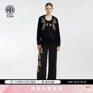 T恤女阔腿裤 三件套T78A07E1069 长袖 TCH休闲百搭连帽烫钻外套修身