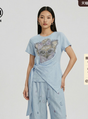 TCH甜美风烫钻亚麻蓝色短袖T恤女2026春夏新款绑带收腰不规则上衣