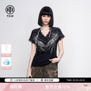 新款 T恤女2025夏季 V领显瘦短袖 TCH暗黑翅膀烫钻蕾丝拼接小飞袖