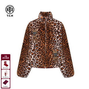 烫钻贵气豹纹立领保暖毛毛外套女T75D27E1053 时尚 TCH2025冬季 新款