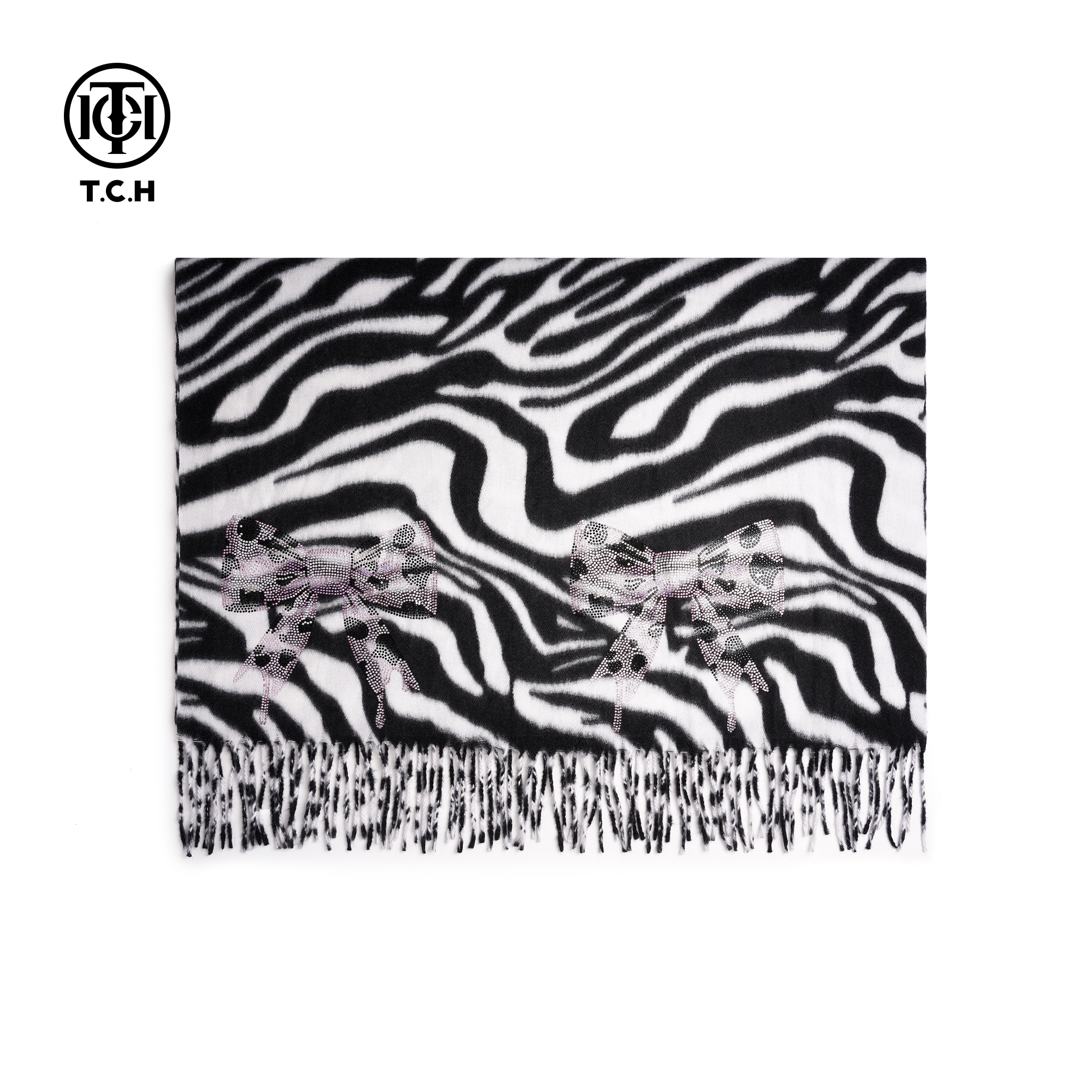 TCH轻奢黑白纹烫钻秋冬保暖百搭蝴蝶结流苏披肩围巾女T75D45E5005