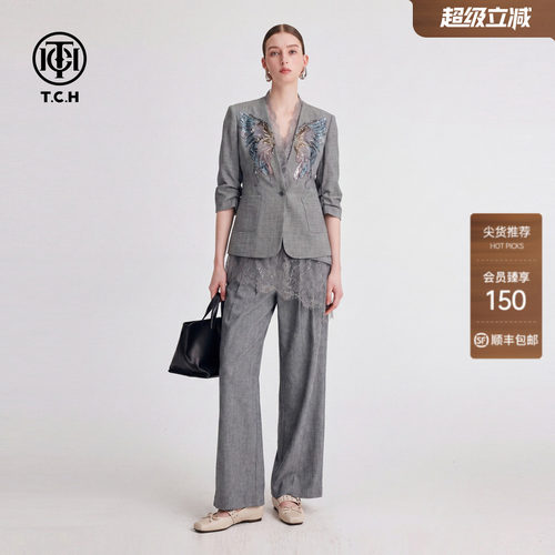 TCH老钱风蕾丝西装阔腿裤套装