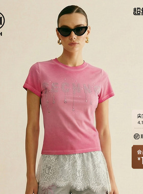 TCH渐变粉烫钻短袖T恤女夏辣妹修身显瘦短款圆领上衣T78A10E1021
