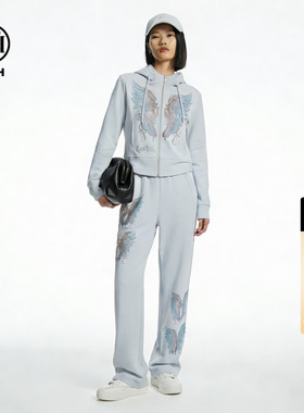 TCH重工烫钻幻彩翅膀连帽短外套休闲裤运动减龄套装女T78A07E1151