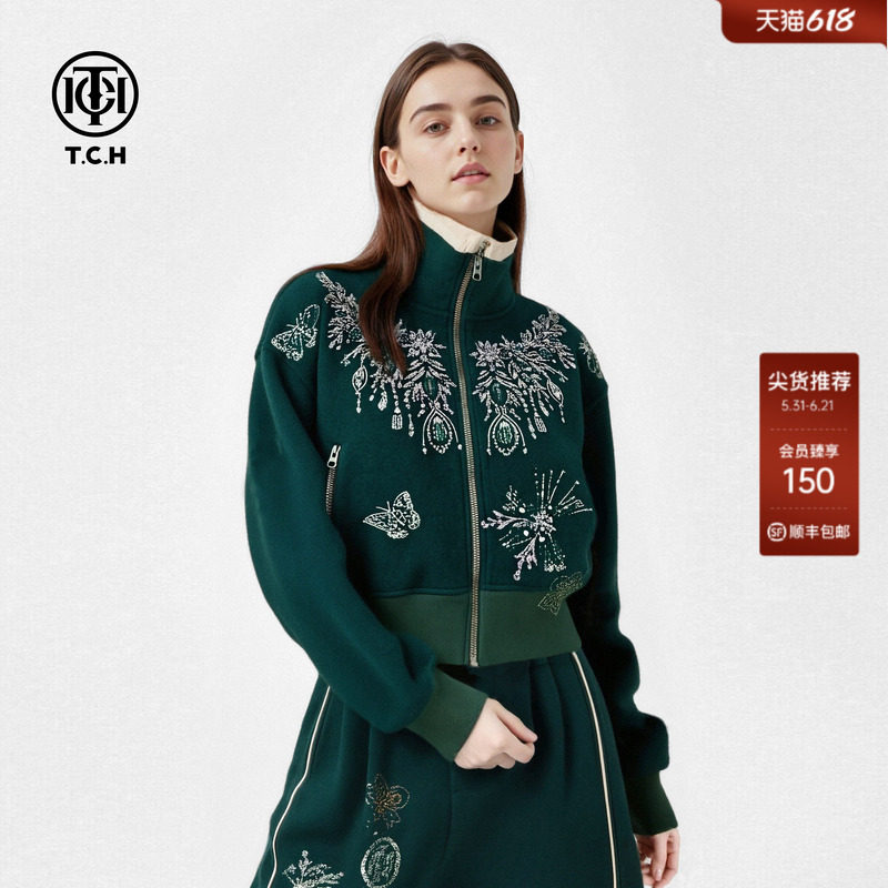TCH时髦复古潮酷蝴蝶烫钻立领拉链外套女阔腿裤套装T75D07E1141