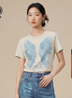 TCH翅膀烫钻短袖T恤女美式复古辣妹短款修身上衣春夏T78A10E1047