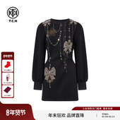 TCH暗黑系烫钻蝴蝶结宫廷风泡泡袖 收腰长袖 连衣裙女T75D30E1041