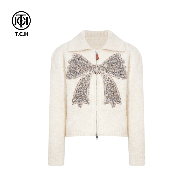 TCH私服烫钻洋气百搭翻领拉链短外套女2025冬季新款T75D27E1043