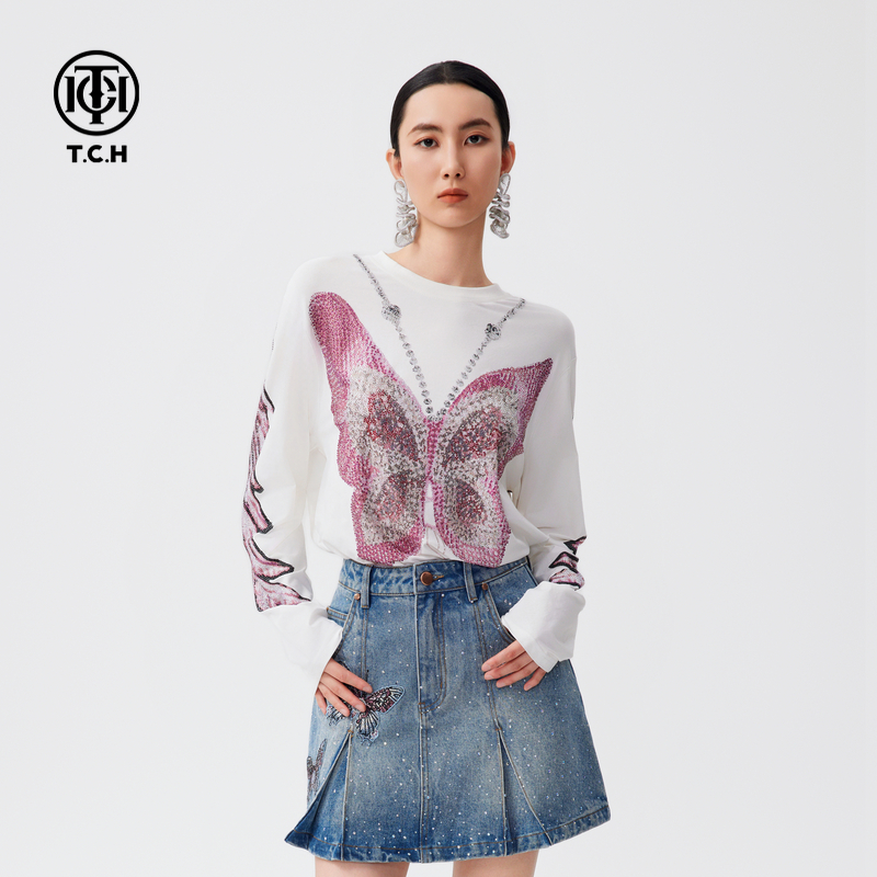 TCH2024秋季新款长袖T恤女翅膀烫钻休闲上衣男商场同款T72C086009