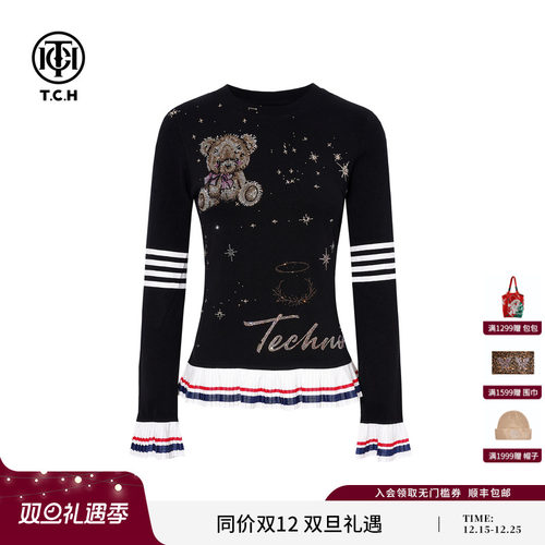 TCH秋冬新款卡通小熊烫钻黑色显瘦长袖T恤修身上衣女T75D08E1008