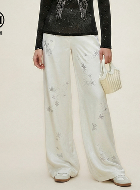 TCH慵懒风烫钻星芒高腰显瘦垂感百搭阔腿白色休闲裤女T78A20E1188
