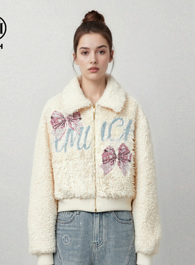 TCH甜美风减龄翻领宽松烫钻蝴蝶结字母保暖毛毛外套女T78A27E1008