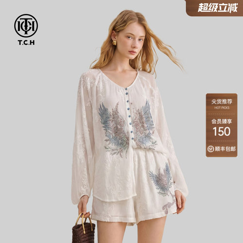 TCH烫钻翅膀长袖衬衫短裤两件套