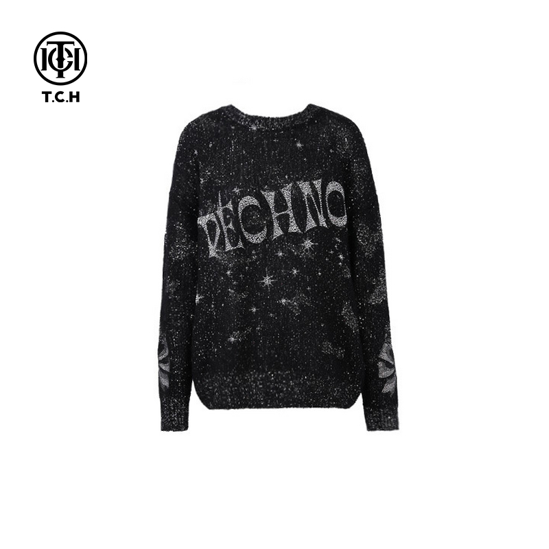 TCH时尚潮牌老钱风黑色毛衣