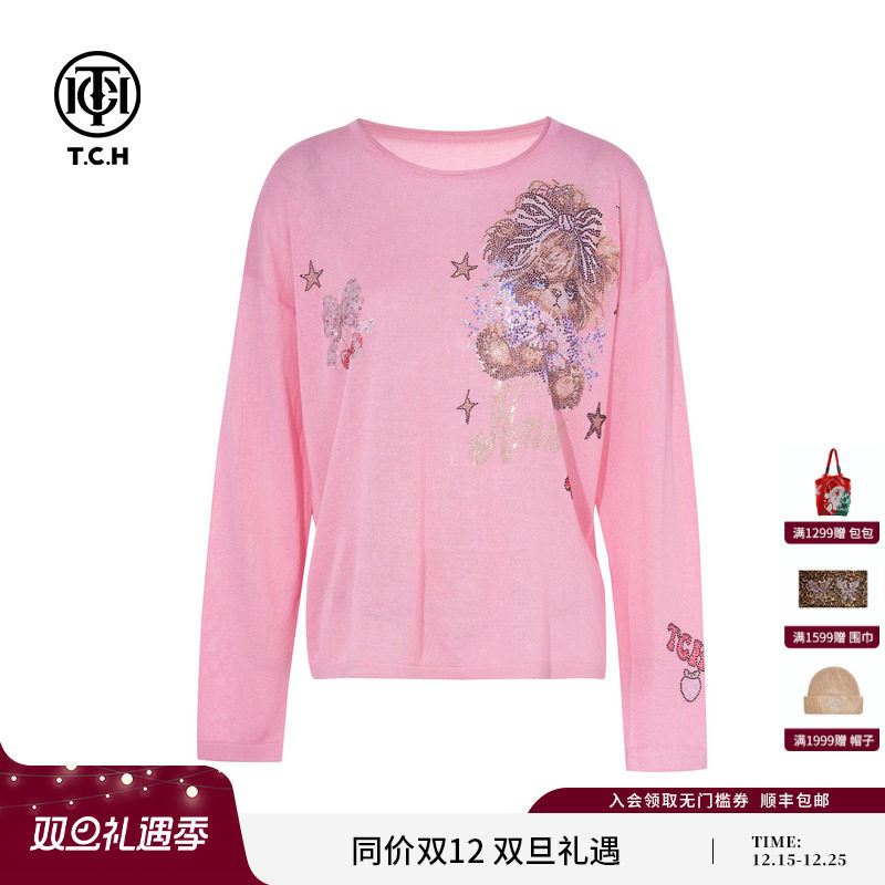 TCH私服烫钻轻薄圆领粉色休闲宽松针织衫2025秋季新款T75C09E5053