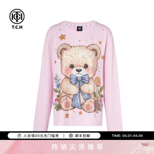 新款 T75C08E9011 T恤女2025春季 TCH轻奢烫钻小熊休闲宽松减龄长袖