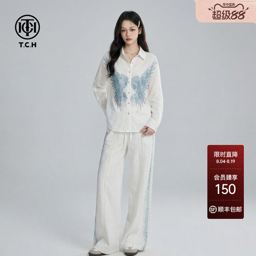 TCH休闲亚麻烫钻翅膀套装女白色翻领衬衫阔腿裤两件套T78B07E1019