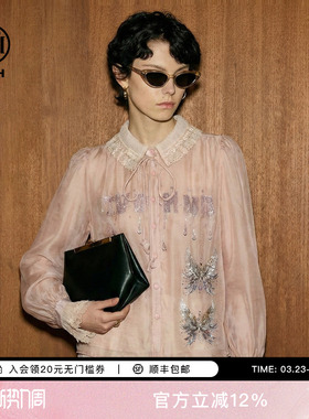 TCH宫廷少女风蕾丝拼接翻领烫钻蝴蝶轻薄衬衫上衣女T78A13E1056