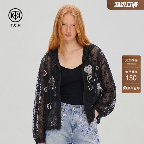 春夏暗纹提花蕾丝烫钻宽松外套女