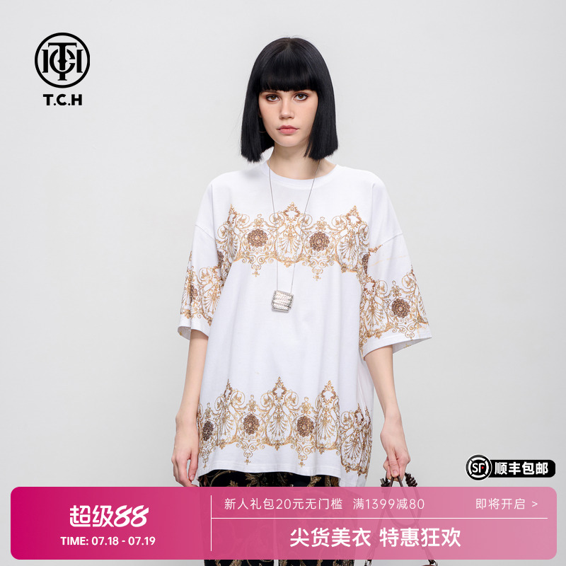 TCH 烫钻潮流时尚宽松圆领纯棉短袖T恤上衣男女同款2025夏季新款