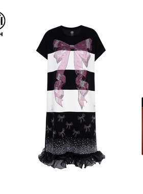 TCH轻奢蝴蝶结烫钻时尚黑白撞色木耳边宽松休闲连衣裙T75B30E1057