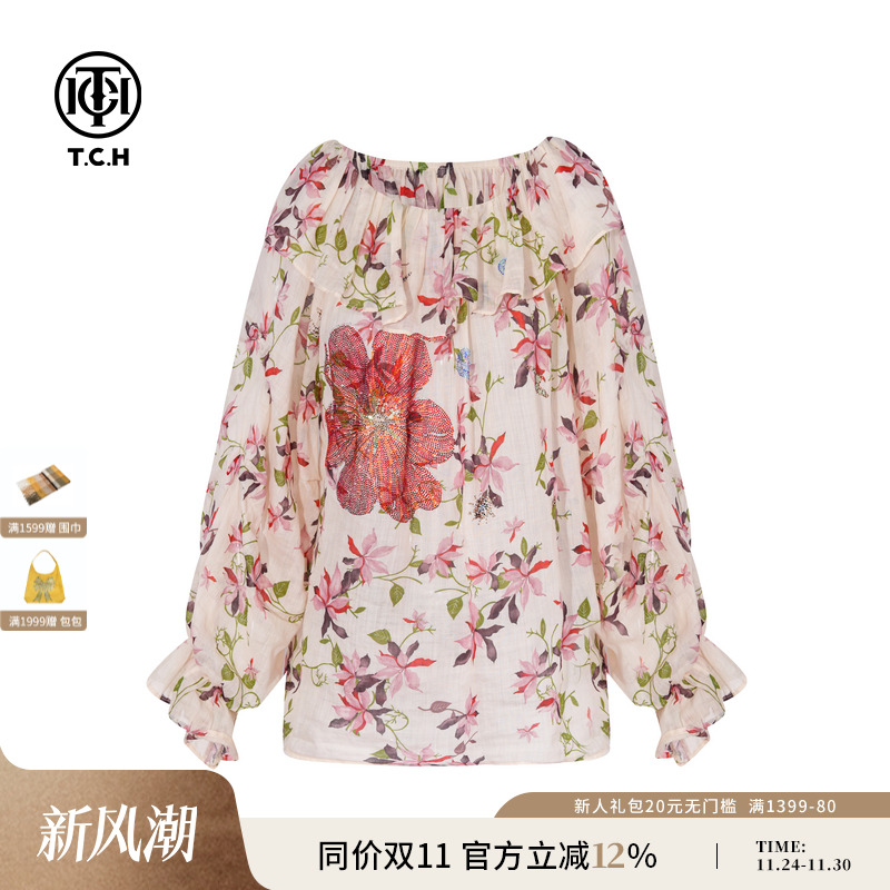 TCH私服烫钻印花苎麻复古法式减龄宽松衬衫女25秋新款T75C13E1006
