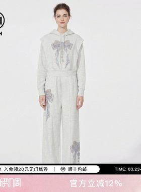 TCH烫钻蝴蝶结时尚设计感灰色连帽卫衣休闲裤套装女T78A07E1119