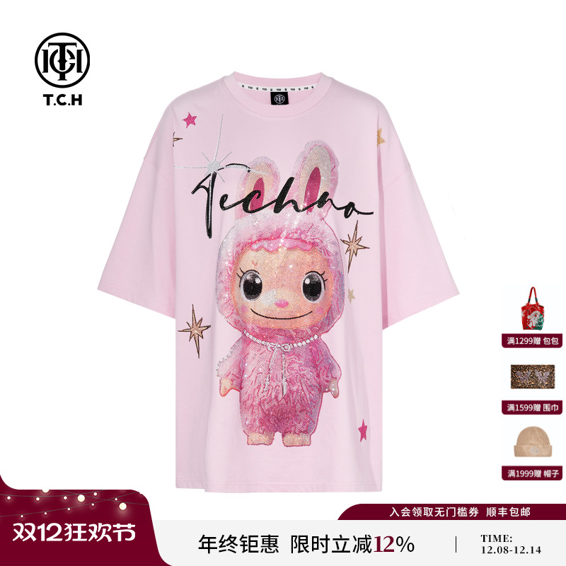 TCH轻奢卡通烫钻街头潮酷宽松圆领短袖T恤25秋季新款T75C10E9047