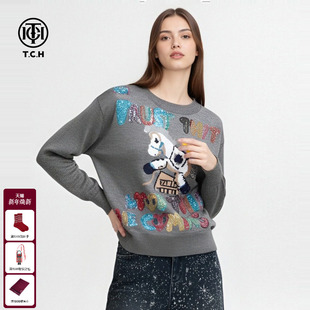 TCH秋冬时尚 上衣女T75D09E5095 烫钻卡通小马灰色休闲圆领针织衫