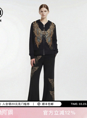 TCH时尚烫钻翅膀黑色休闲连帽拉链外套长裤潮流套装女T78A07E1081