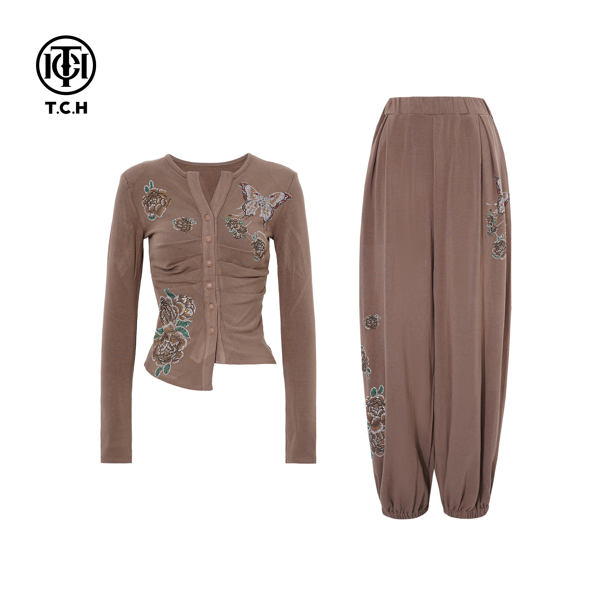 TCH秋冬百搭时尚烫钻百搭收腰加绒打底衫休闲裤套装女T75D07E1070