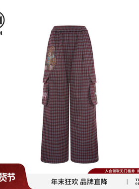 TCH红色格子工装裤女2025秋冬新款烫钻直筒加绒阔腿裤T75D20E1163