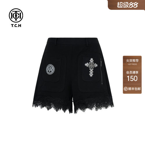 TCH烫钻潮牌辣妹时尚蕾丝边宽松短裤女2026春夏新款T75C21E9001