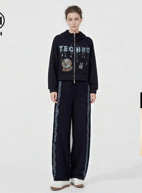 TCH潮酷烫钻狮子宽松短款连帽外套阔腿裤藏青色套装女T78A07E1111