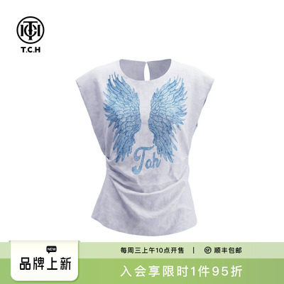 TCH翅膀烫钻苎麻无袖T恤女2026夏季新款收腰显瘦褶皱蓝色短袖上衣