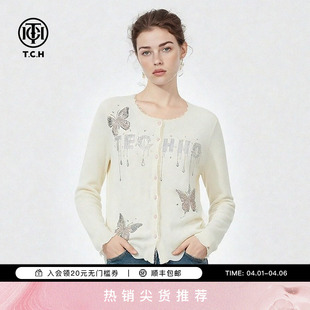 新款 T78A43E1017 上衣女2026春季 TCH含绵羊毛烫钻蝴蝶米色针织开衫