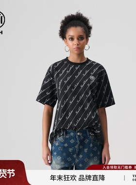 TCH黑色轻奢潮牌烫钻休闲宽松T恤半袖男女款2025夏新款T72B106189