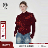 TCH新年战袍酒红色烫钻高领斗篷气质显瘦V领针织衫 女T78A07E1021