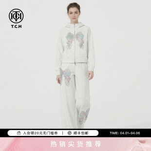 TCH烫钻宽松连帽卫衣外套休闲裤 女2026春季 新款 T78A07E1116 套装