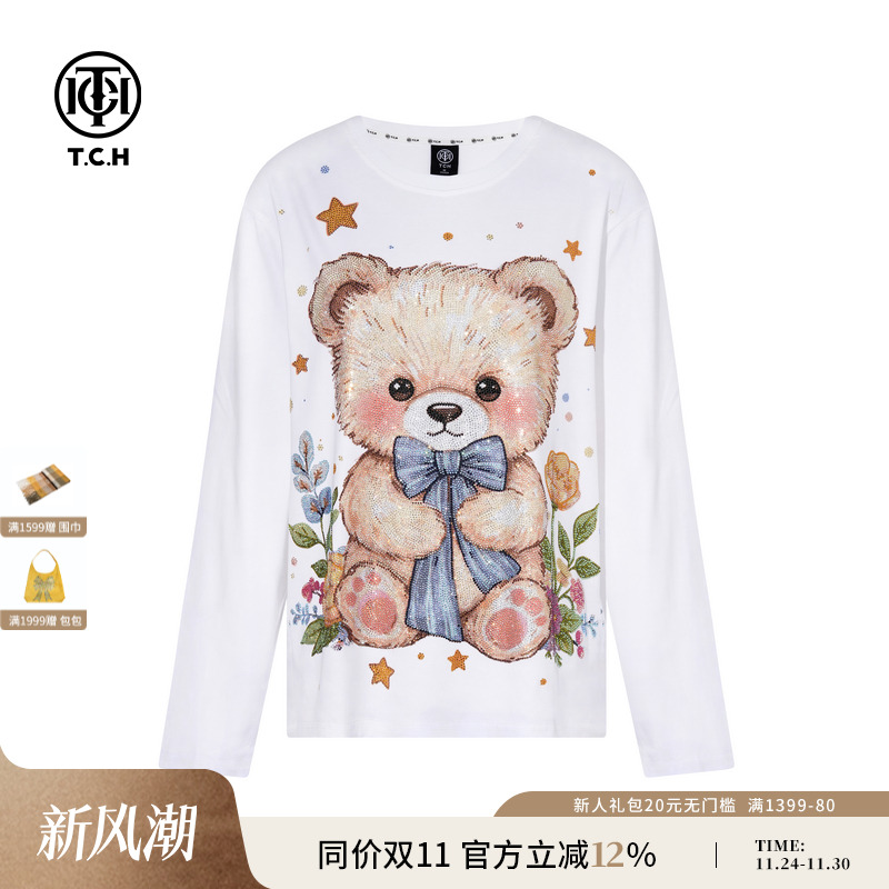TCH轻奢烫钻花朵小熊休闲时尚圆领长袖T恤25秋季新款T75C08E9010