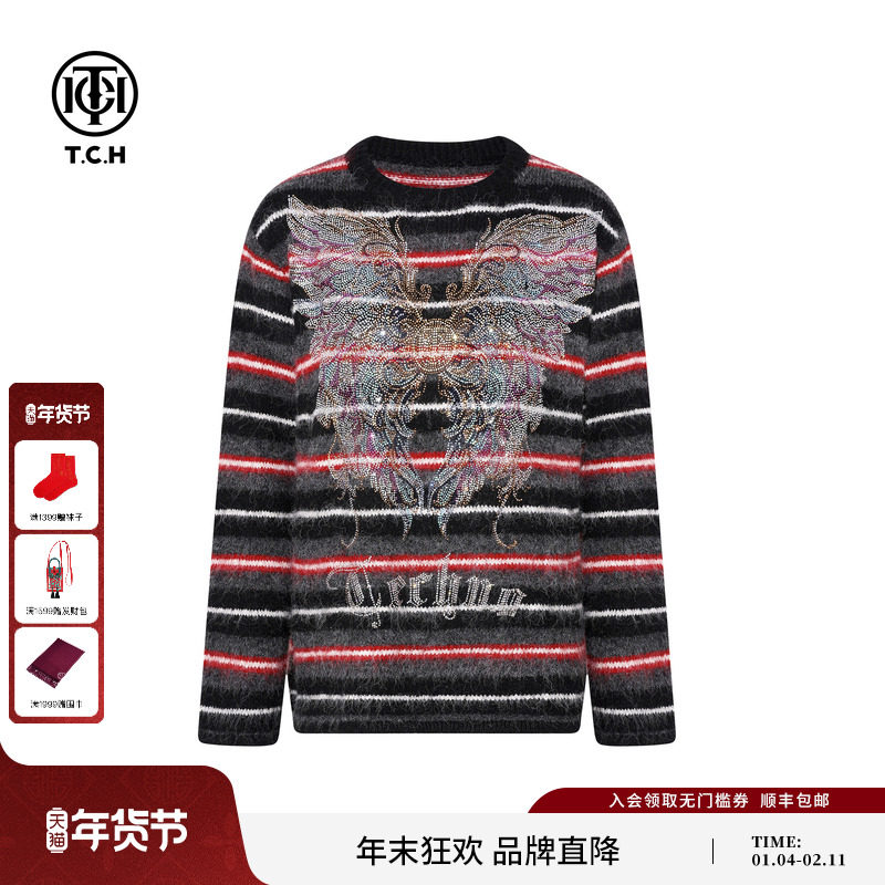 TCH时尚烫钻条纹宽松休闲针织衫上衣女2025冬季新款T75D09E1212,女装/女士精品,毛针织衫,淘宝优惠券,粉丝福利购,淘宝优惠卷