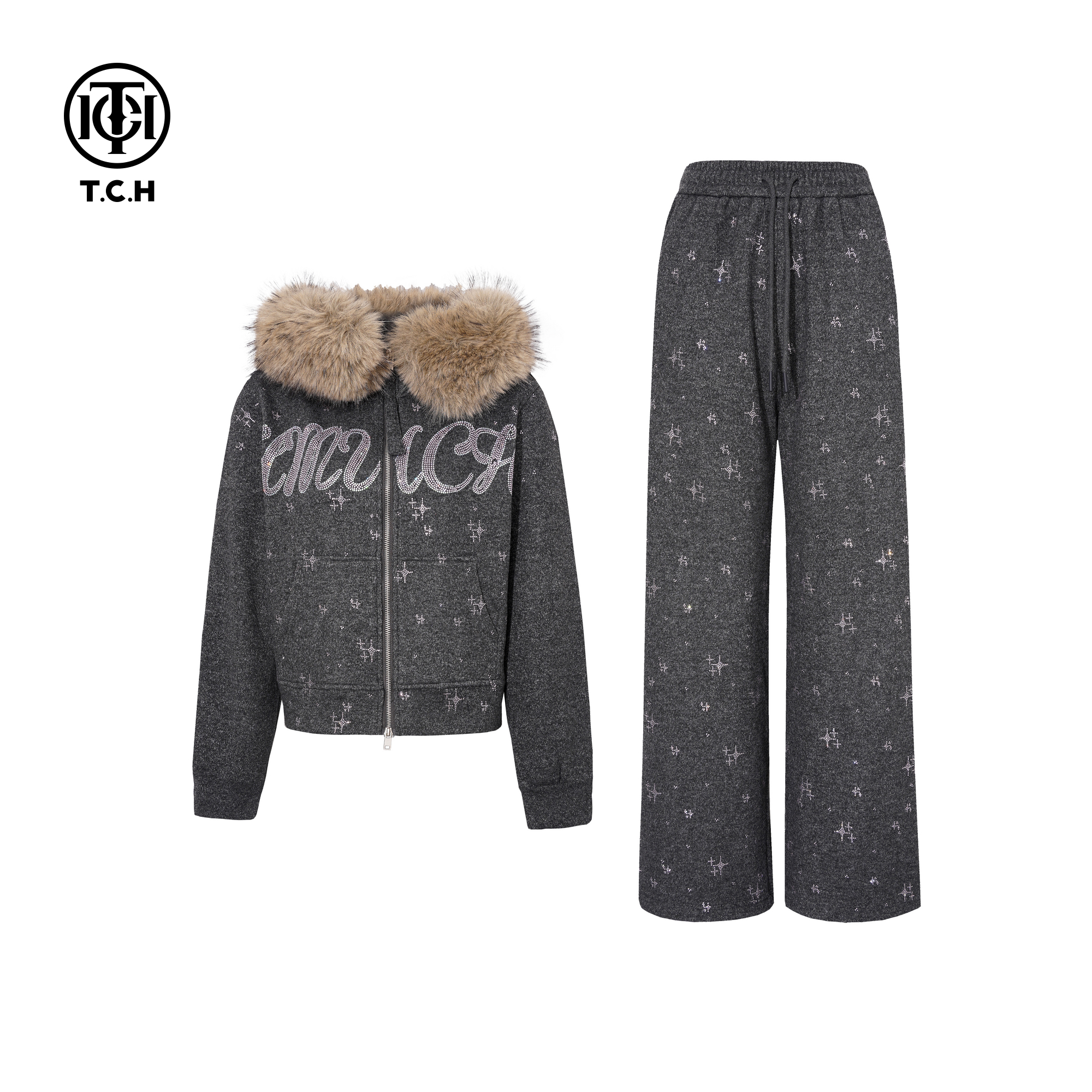 TCH轻奢潮流烫钻大毛领连帽加绒外套休闲裤时尚套装女T75D07E1079