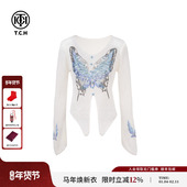 新款 TCH私服烫钻蝴蝶V领时髦不规则针织衫 女2025夏季 T75A09E5057