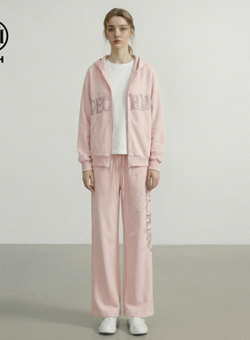 TCH26春款时尚烫钻宽松减龄粉色连帽外套休闲裤套装女T78A07E1121