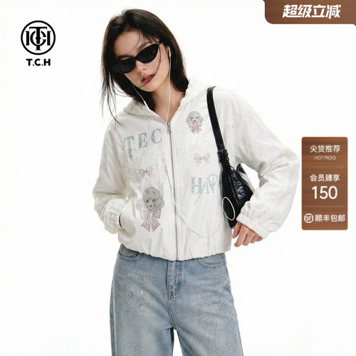 TCH2026春季新款烫钻小熊连帽蕾丝宽松短款拉链外套女T78A17E1005