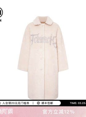 TCH2025冬季新款慵懒烫钻时尚翻领米色中长款毛毛外套T75D05E1013